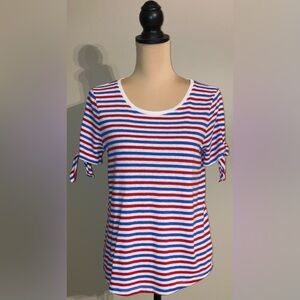 Women's Petite Talbots Short Tie Sleeve Red, White, Blue Striped Top, Medium PM